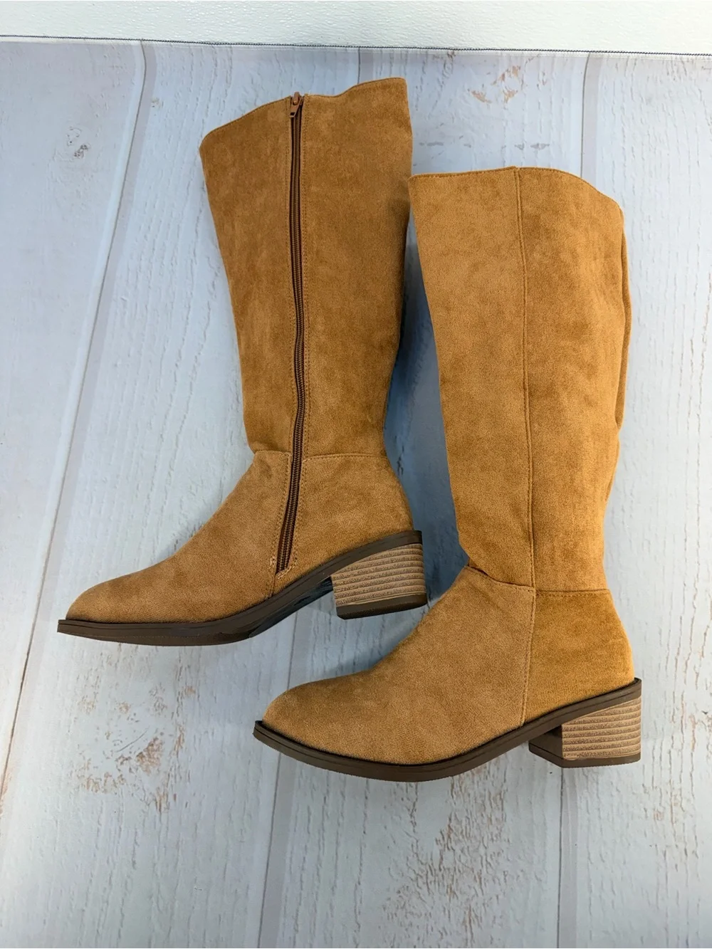 Women’s Tan Faux Suede Knee High Boots Block Heel Size 38 NWOT